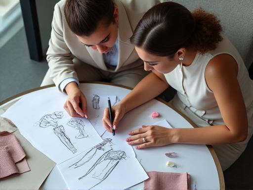 Two people reviewing design sketches at a modern desk.