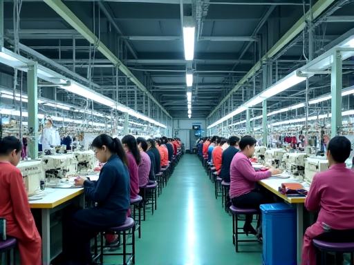 A wide shot of a busy but organized garment manufacturing floor.