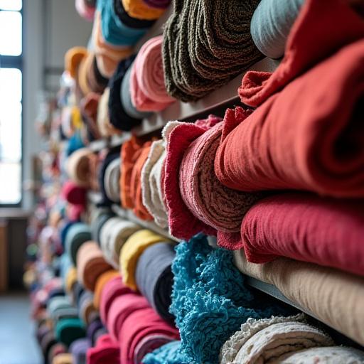 A variety of colorful fabric bolts stacked on a shelf.