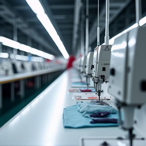A clean and organized sewing production line with several industrial machines.
