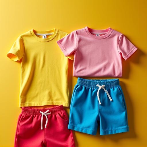 Colorful and durable children's t-shirts and shorts on display.